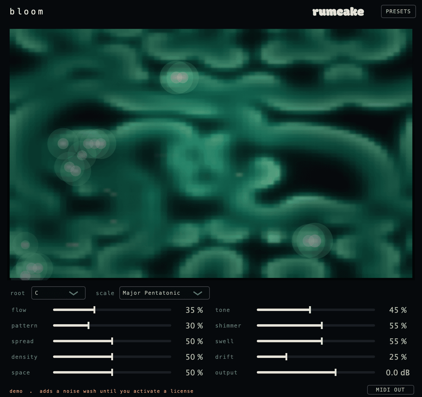 Bloom: the living membrane, a bioluminescent reaction-diffusion pattern in teal and mint
