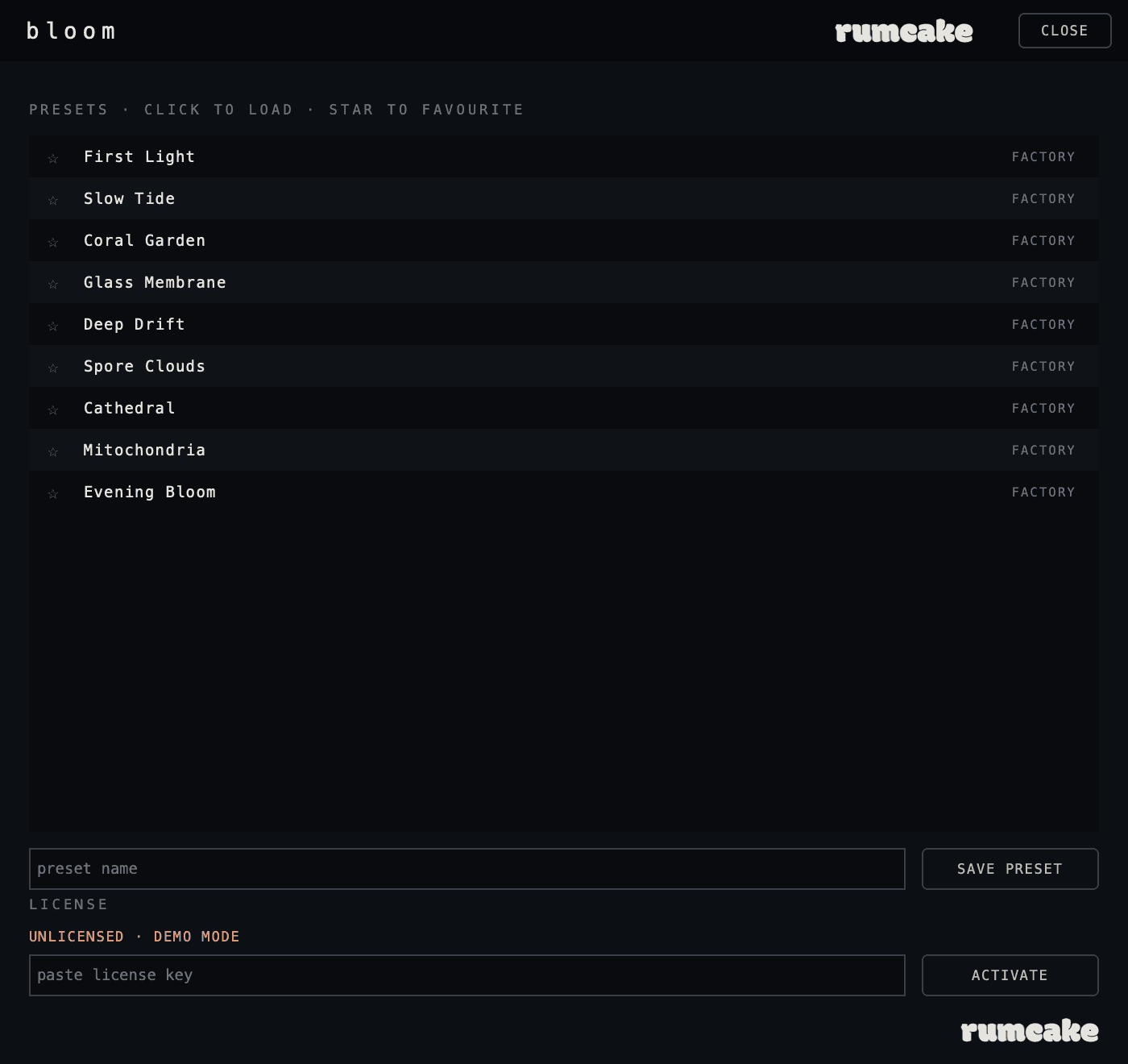 Bloom: the factory presets panel