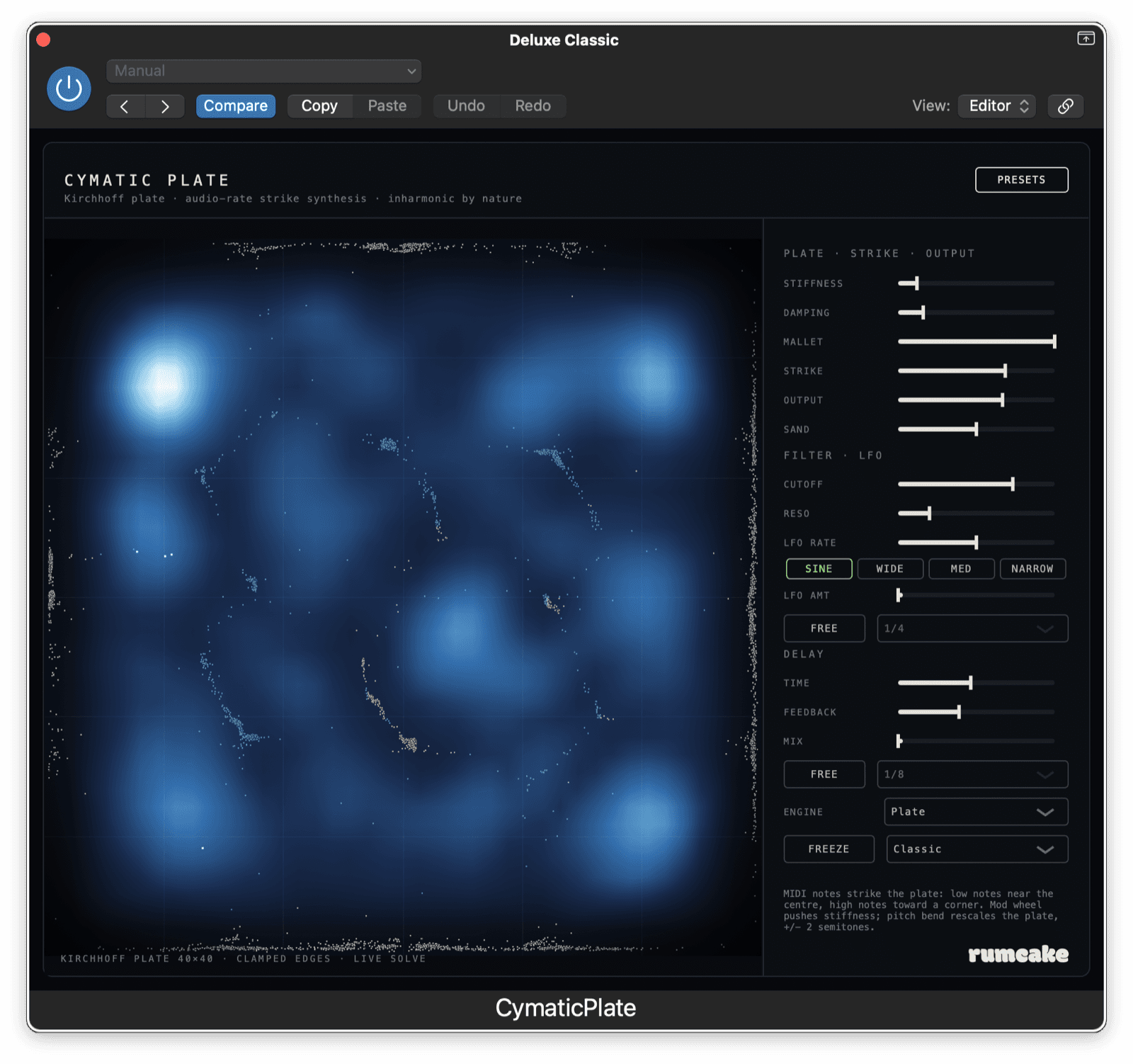 CymaticPlate in Logic Pro: Plate engine, Classic palette, sand tracing nodal lines in blue
