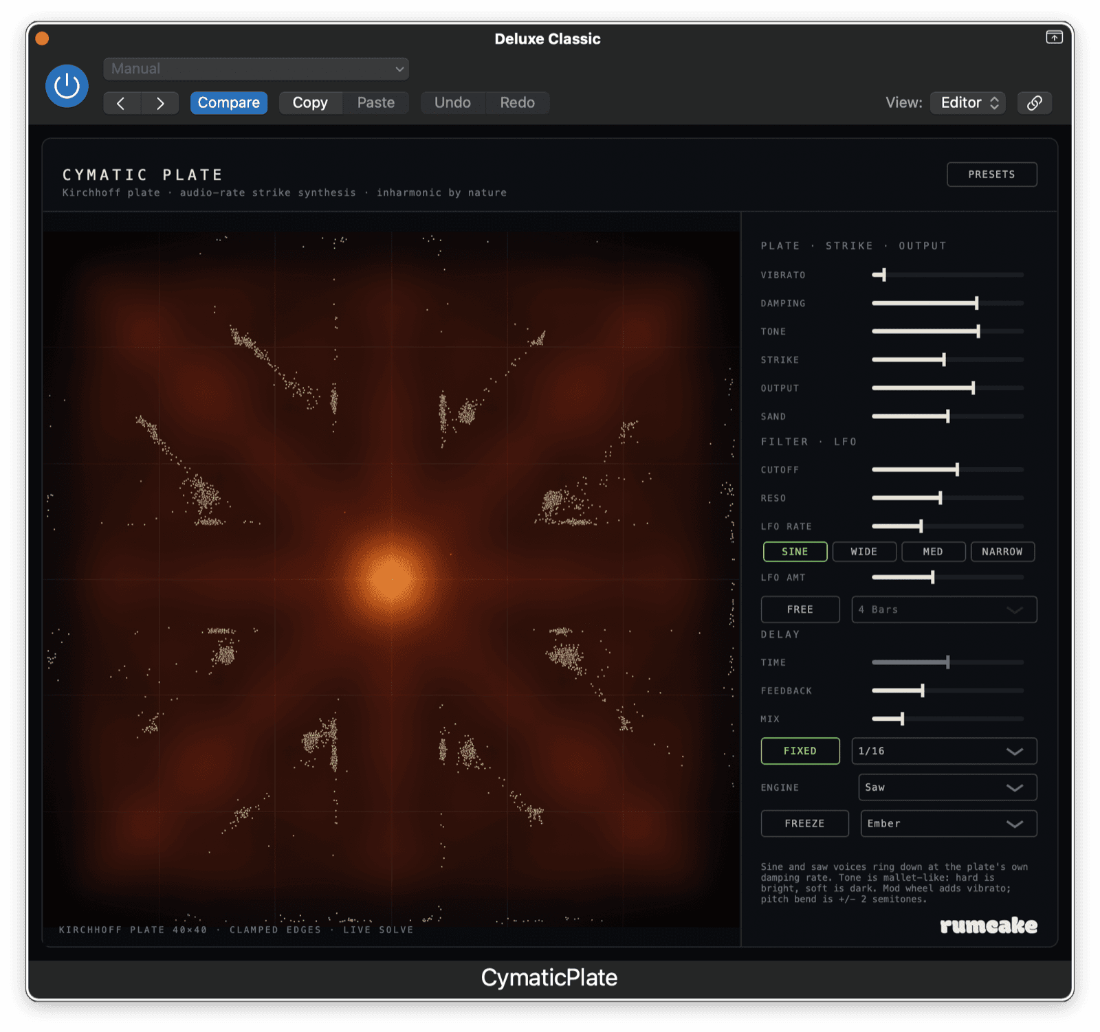 CymaticPlate in Logic Pro: Saw engine, Ember palette, a symmetric cymatic figure in amber