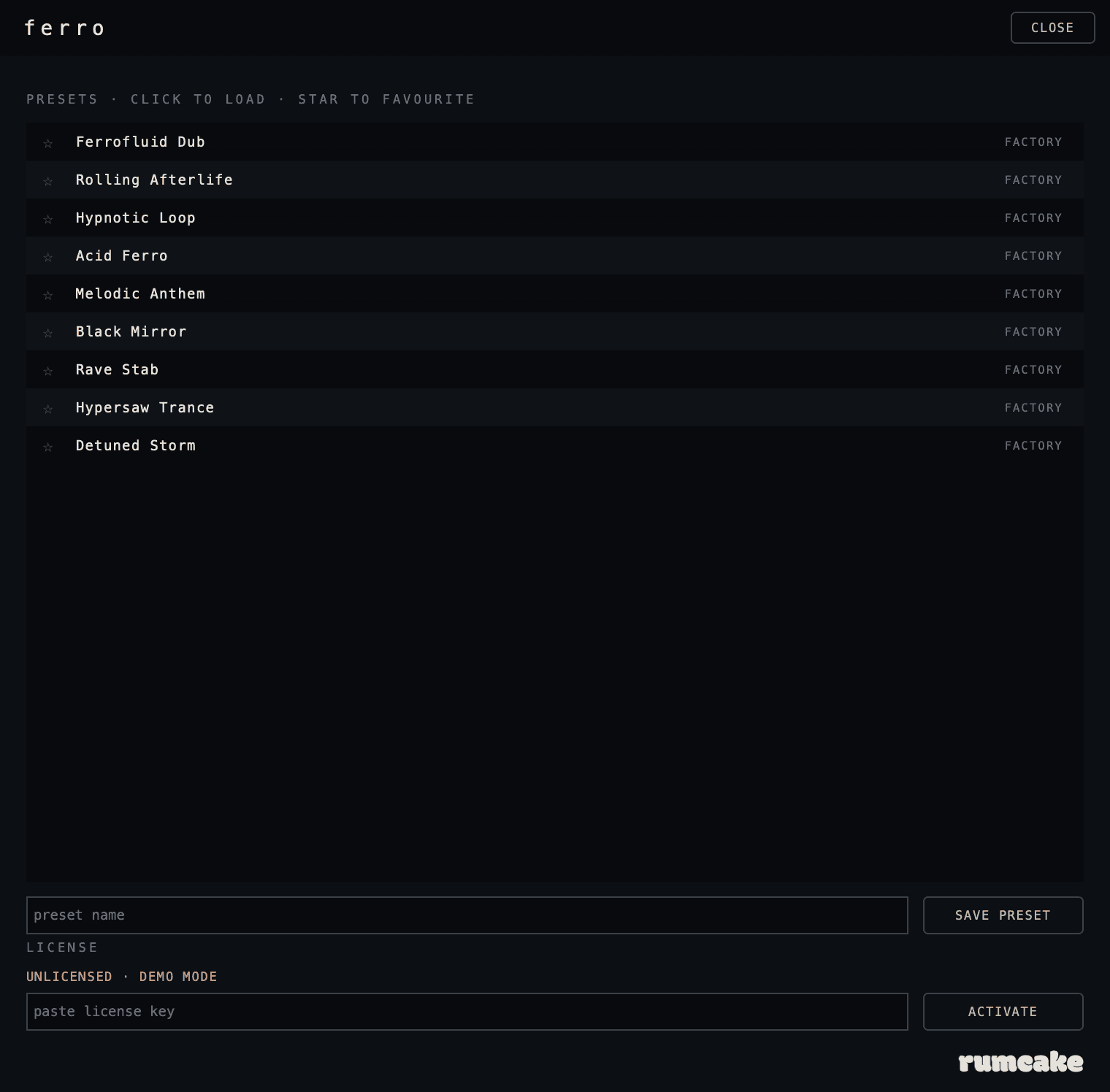 Ferro: the factory presets panel
