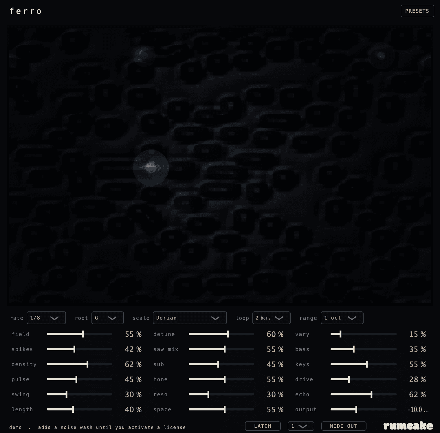 Ferro: a glossy black-chrome ferrofluid lattice of spikes over the dark control panel with groove, voice and fx controls