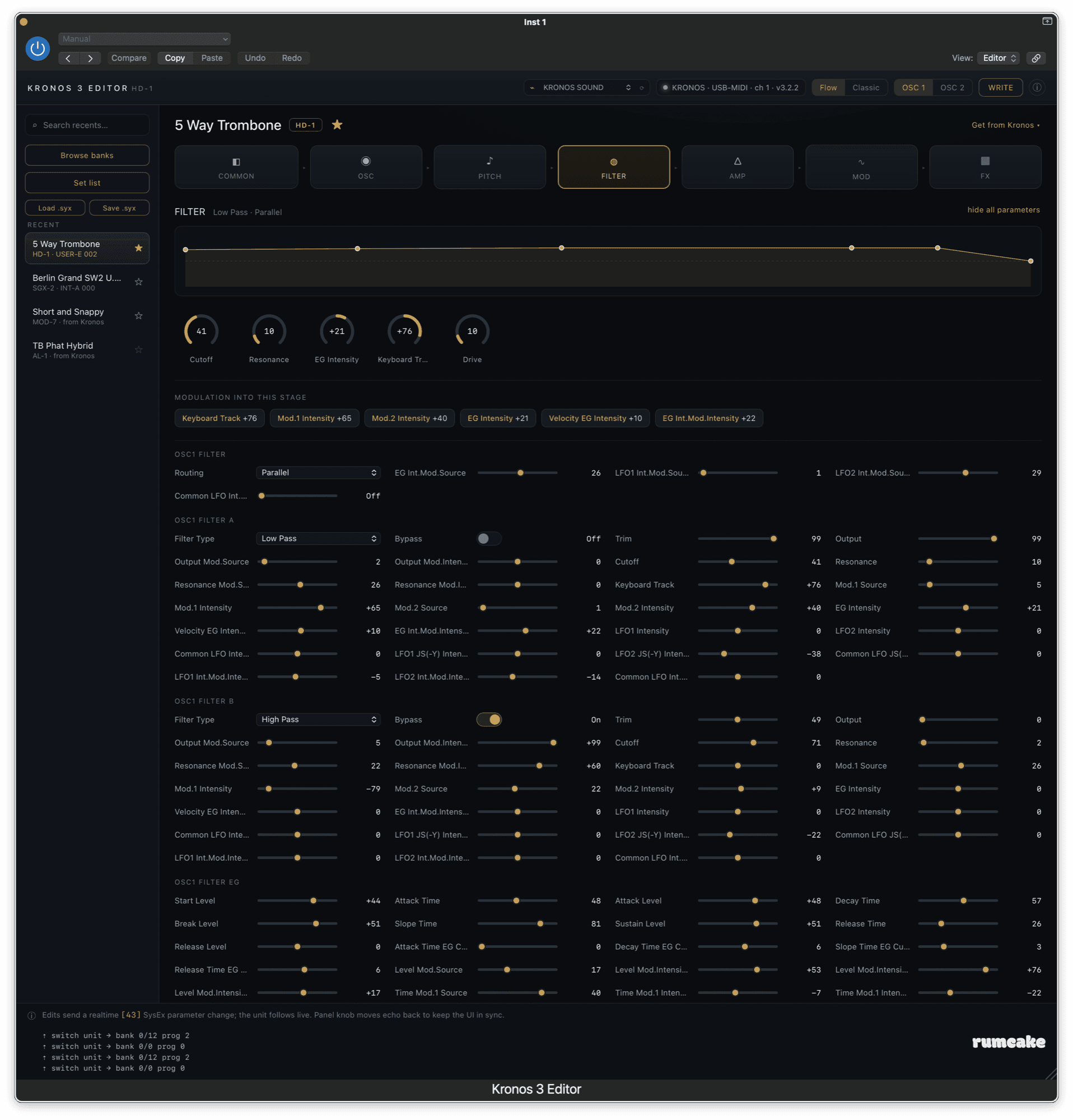 Kronos 3 Editor with every parameter expanded beneath the signal-flow graph