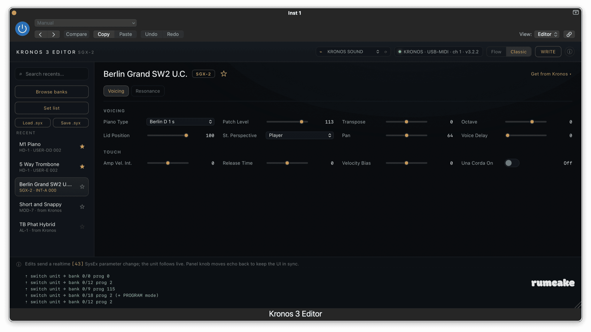 Kronos 3 Editor Classic view: the SGX-2 grand piano voicing and touch controls