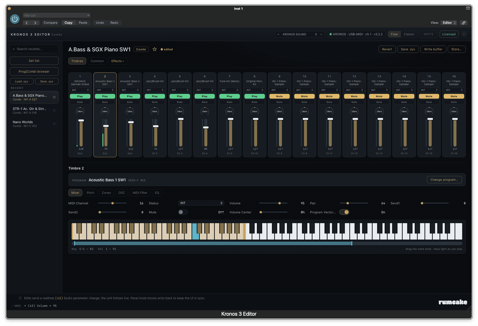 The Kronos 3 Editor combination editor: a 16-channel mixer with a strip per timbre (program name, INT status, Play/Mute, Solo, pan, volume fader), the selected timbre's Mixer detail panel below, and an 88-note keyboard showing the timbre's highlighted key and velocity zone.