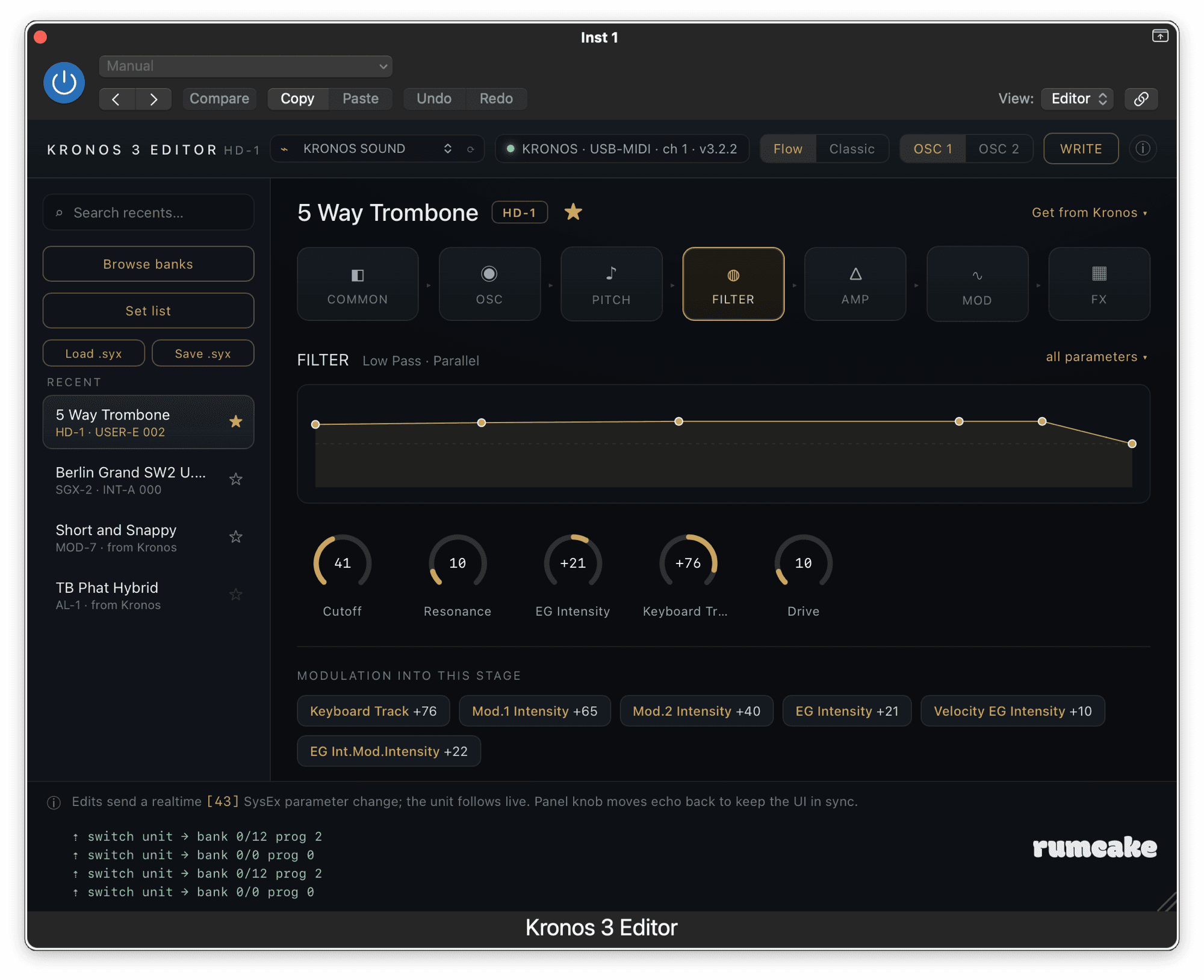 Kronos 3 Editor Flow view: the filter stage of a program with its response graph, hero knobs, and the modulation feeding into it