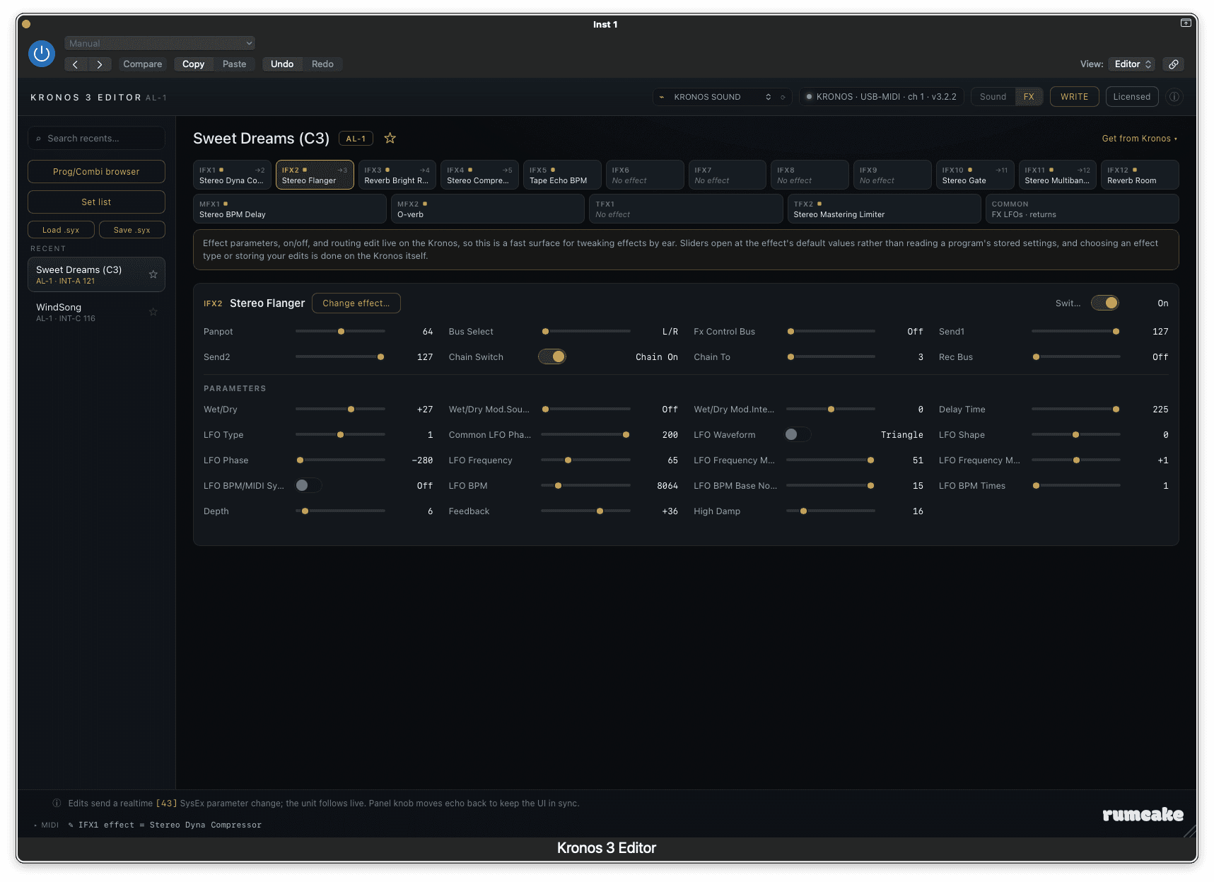 The Kronos 3 Editor effects editor: the 16-slot chain strip (12 insert effects across the top, MFX 1/2 and TFX 1/2, and a Common tile) with IFX2 Stereo Flanger selected, showing its routing row and every parameter below.
