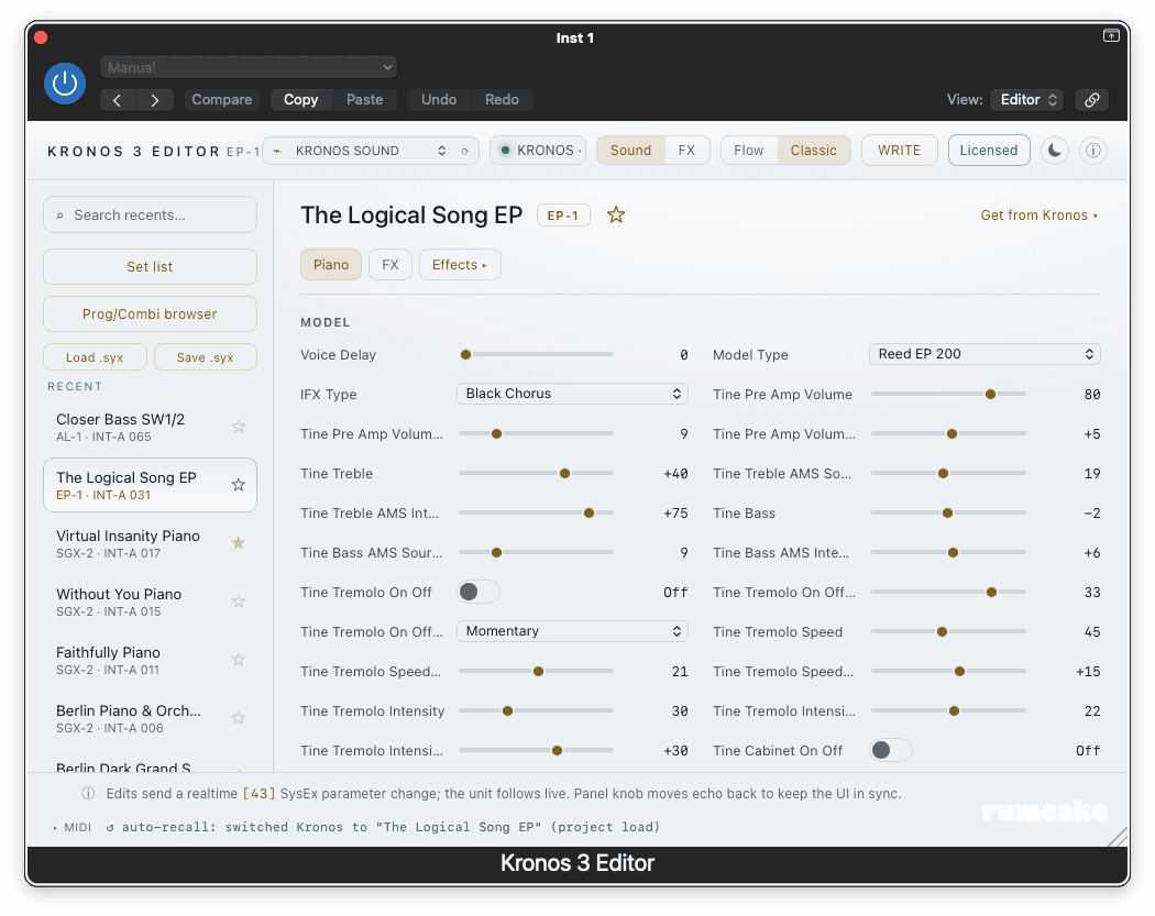 Kronos 3 Editor in the light theme: an EP-1 program in Classic view, with the top-bar moon button for switching back to dark