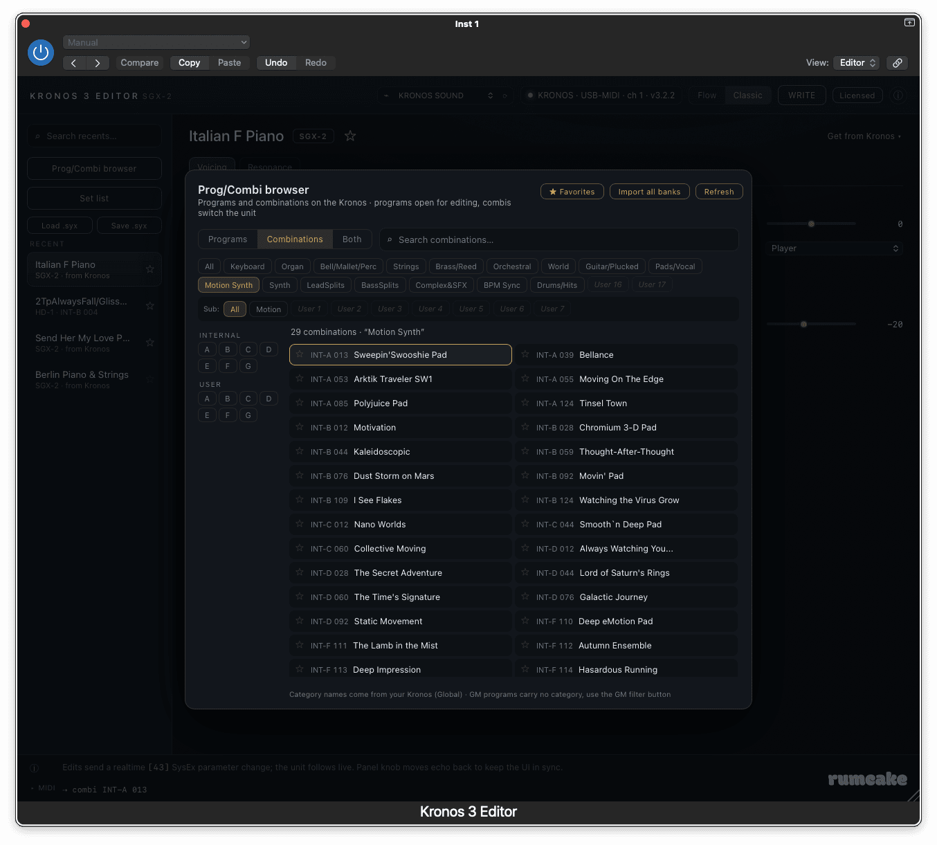 Kronos 3 Editor Prog/Combi browser: the Combinations tab filtered by category, with the Internal and User bank rail, a search box, and combinations from across every bank in one central list