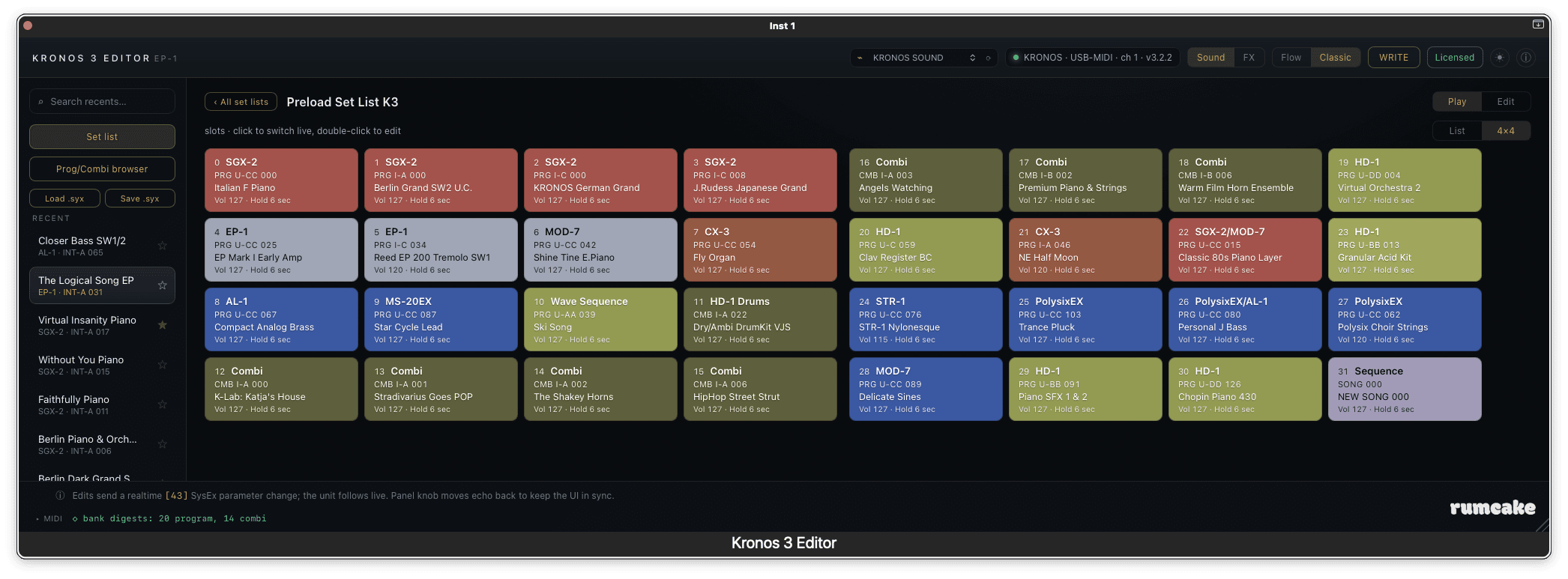 The Kronos 3 Editor set-list view in 4x4 mode: two blocks of sixteen colour-coded slots laid side by side, matching the paged 4x4 grid on the Kronos, with the List / 4x4 switch top right.
