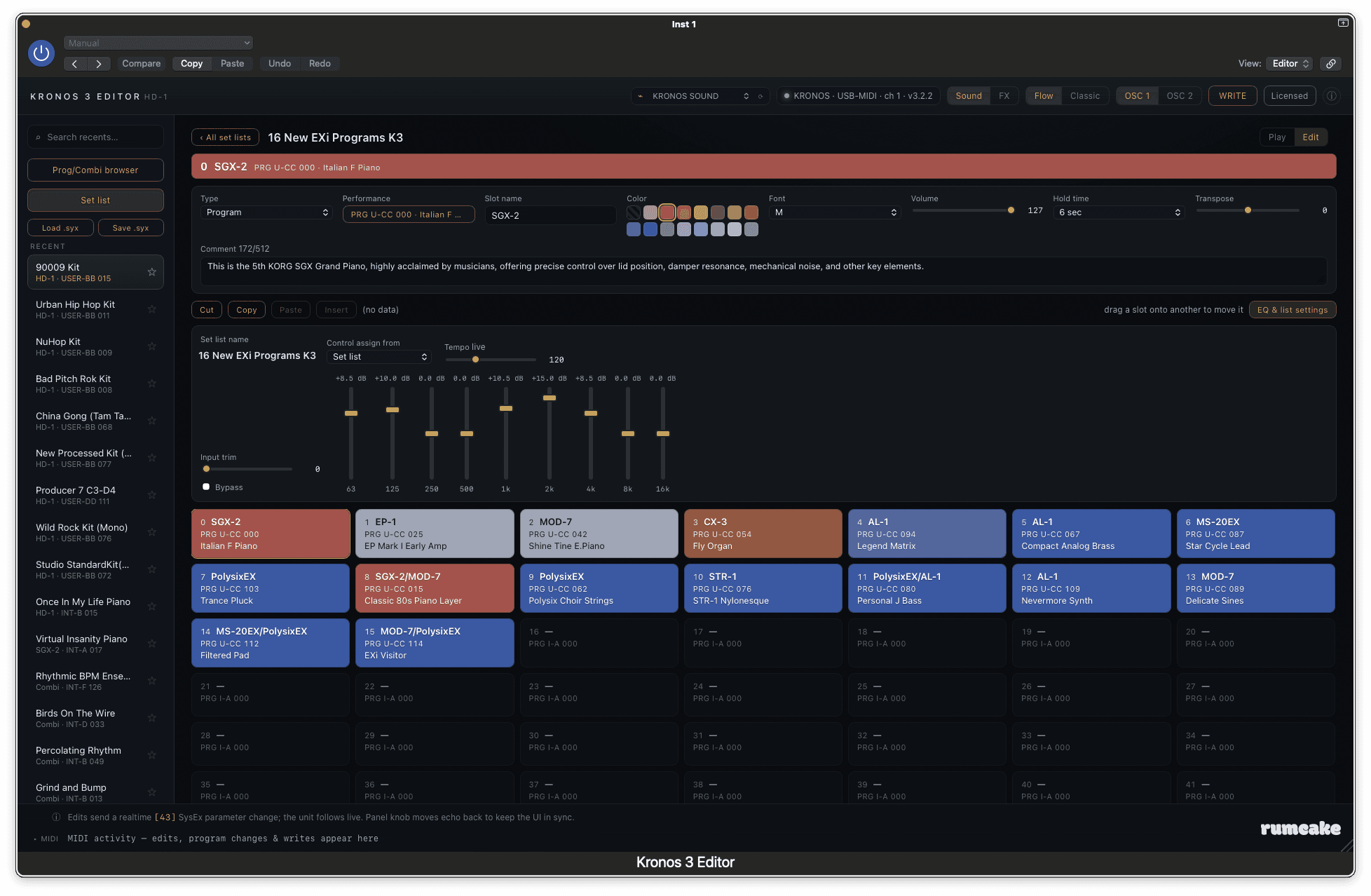 The Kronos 3 Editor set-list editor in Edit mode: the selected slot's detail panel with type, performance, name, colour, font, volume, hold time and transpose, its 512-character comment, the set list's 9-band graphic EQ on faders, and the colour-coded slot grid below.