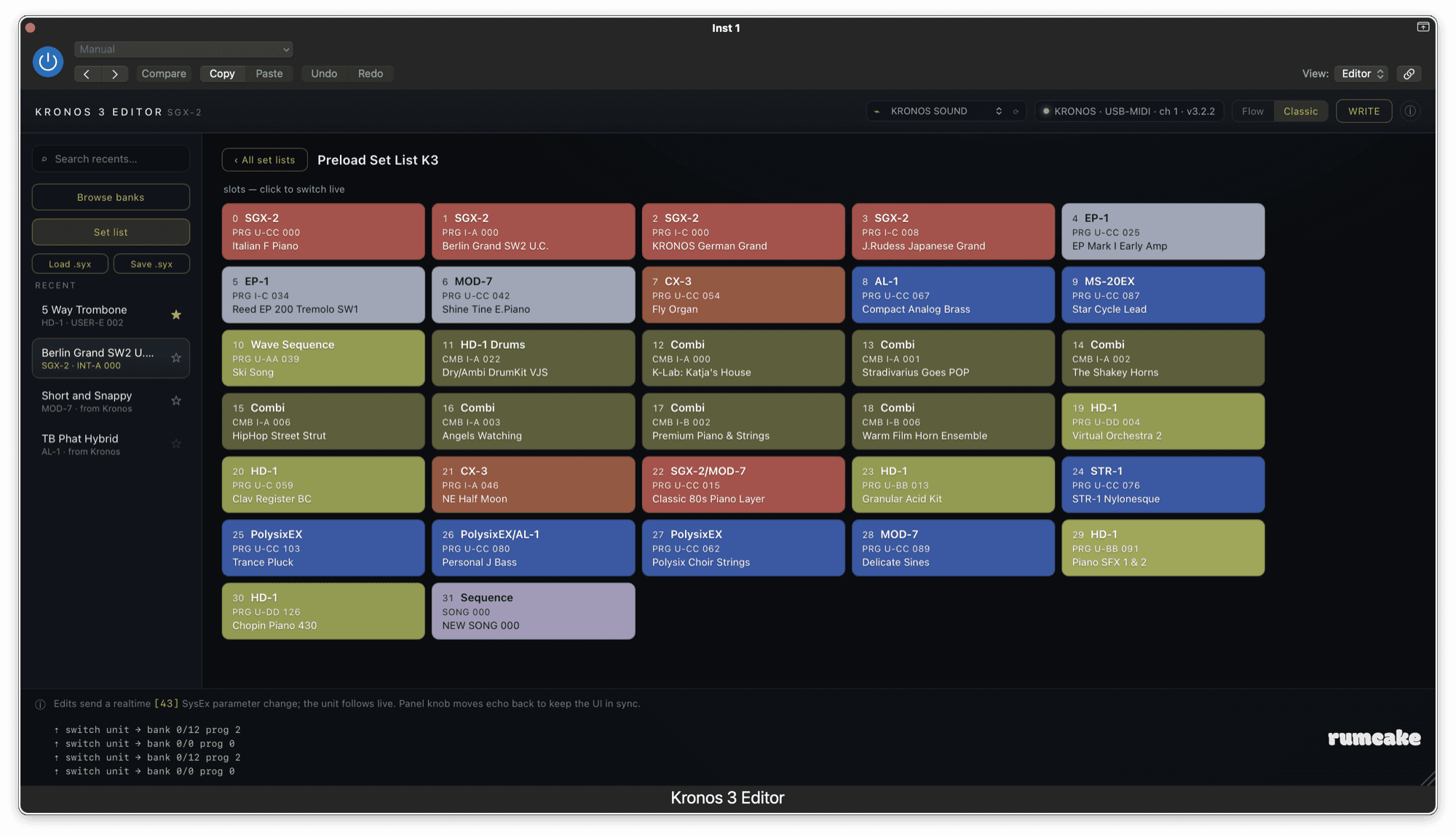 Kronos 3 Editor Set Lists in a resized wider window, showing many set-list slots as colour-coded cards you click to switch the Kronos live