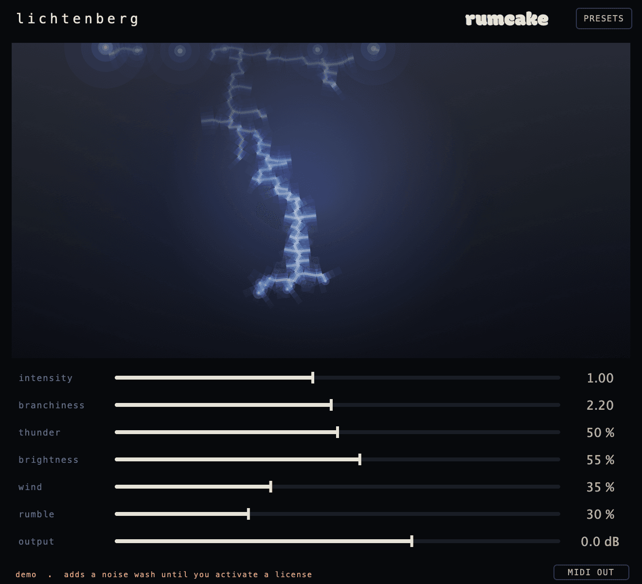 Lichtenberg: a glowing forked lightning bolt branching across the dark stormy panel