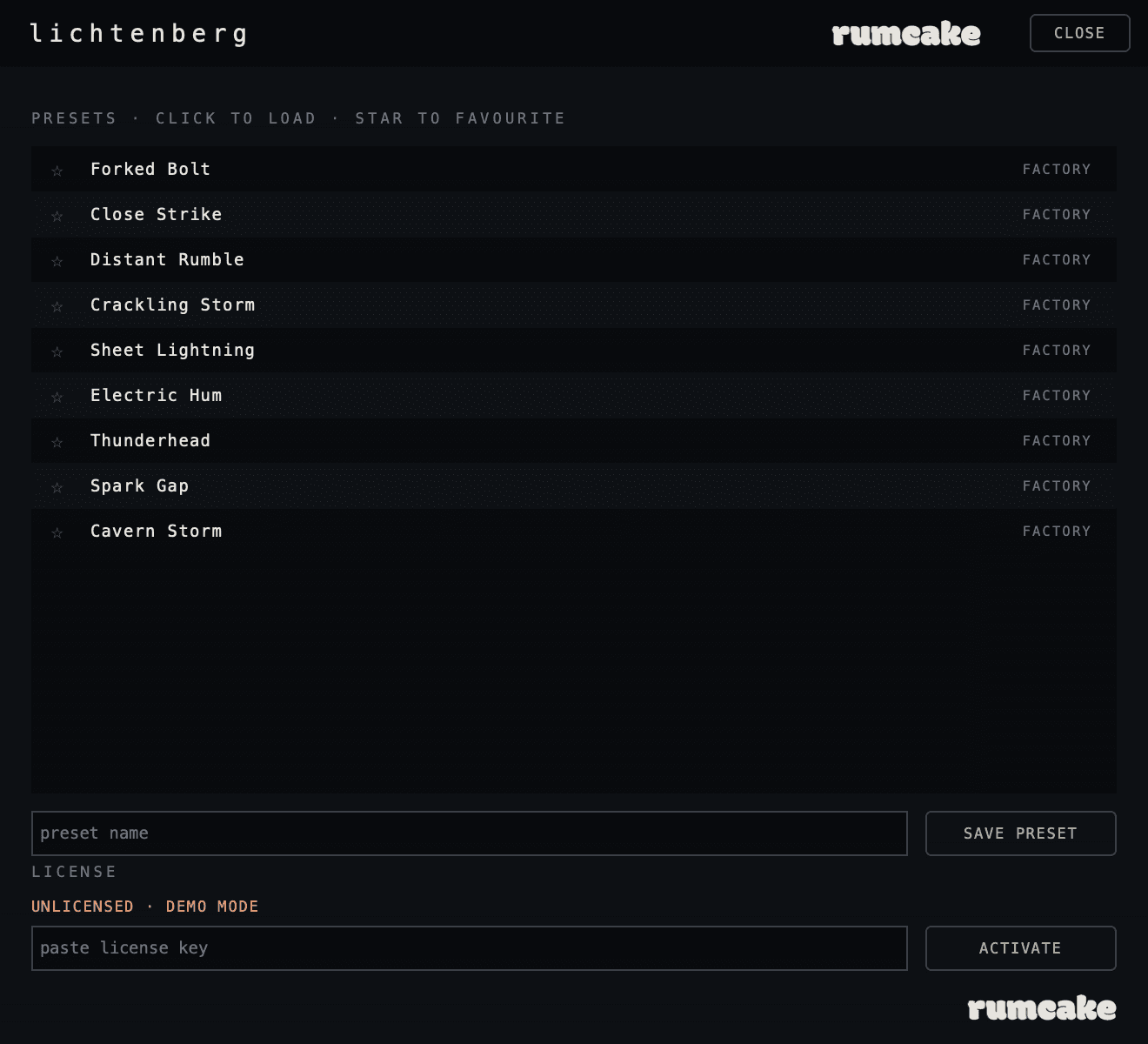 Lichtenberg: the factory presets panel