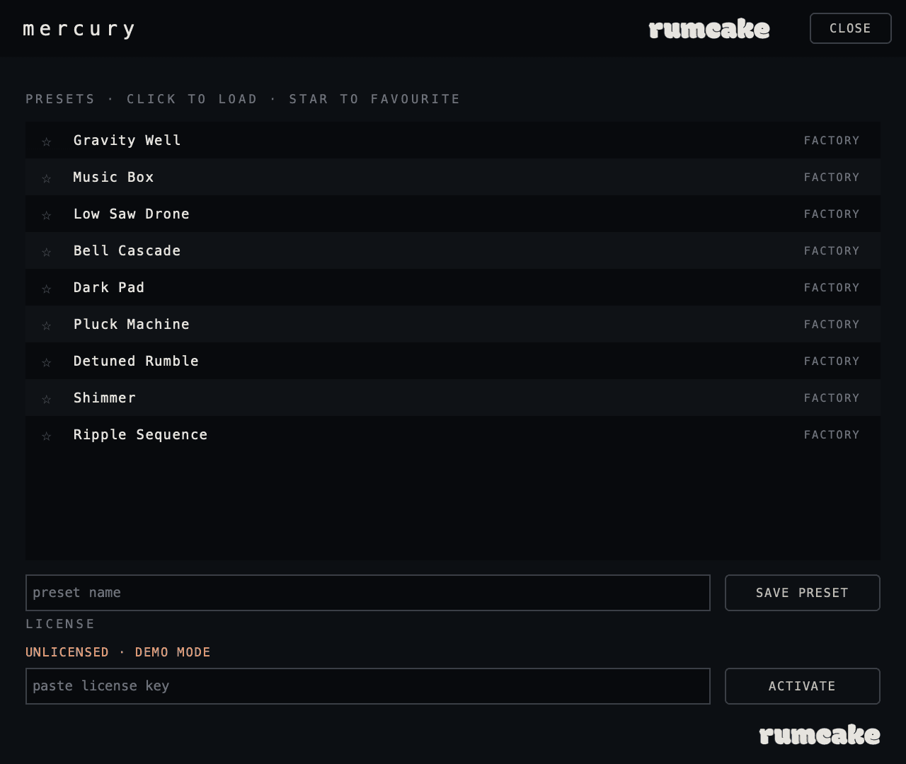 Mercury's presets panel: the nine factory presets with favourite stars and the license activation field