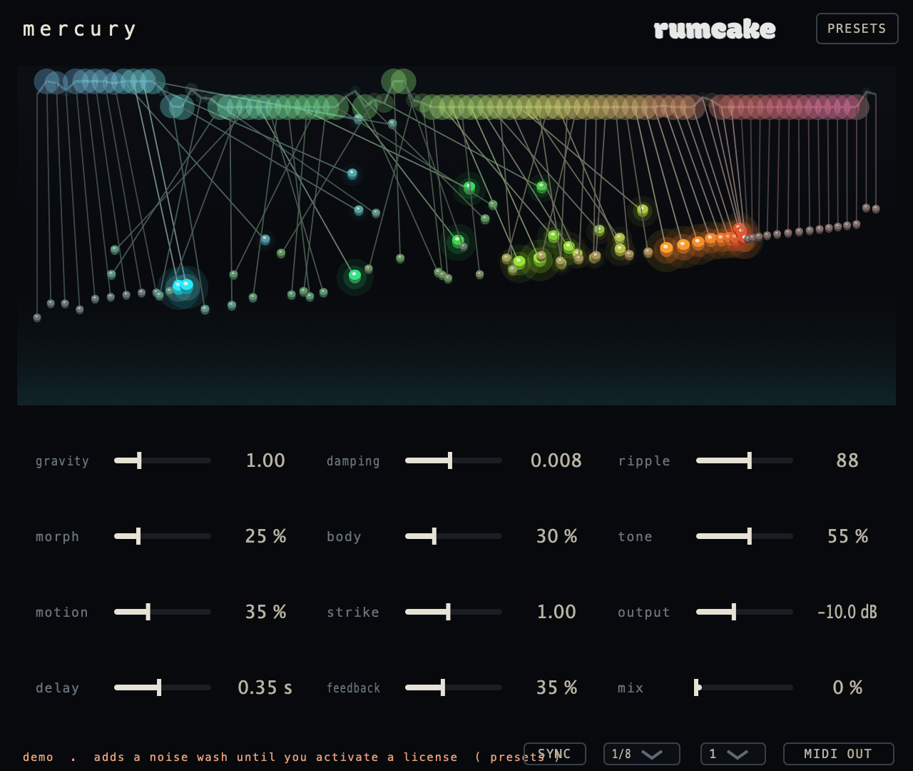 Mercury in its dark rack: 88 colourful mercury-switch ampoules swinging from a shared rail above the parameter controls