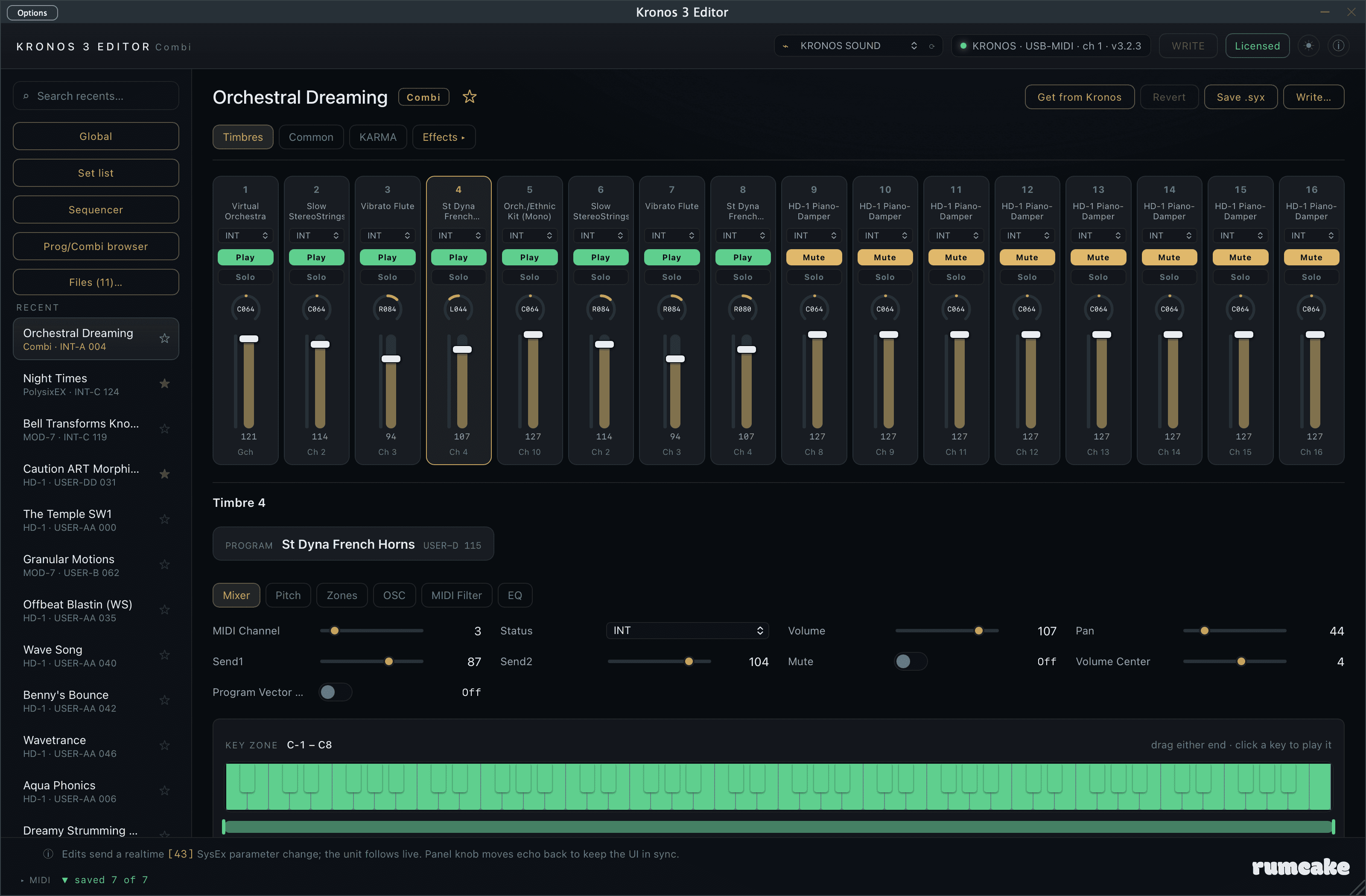 Kronos 3 Editor combination editor: a 16-channel mixer with a strip per timbre (program name, INT status, Play/Mute, Solo, pan, volume fader), the selected timbre's Mixer detail panel below, and an 88-note keyboard showing the timbre's highlighted key and velocity zone
