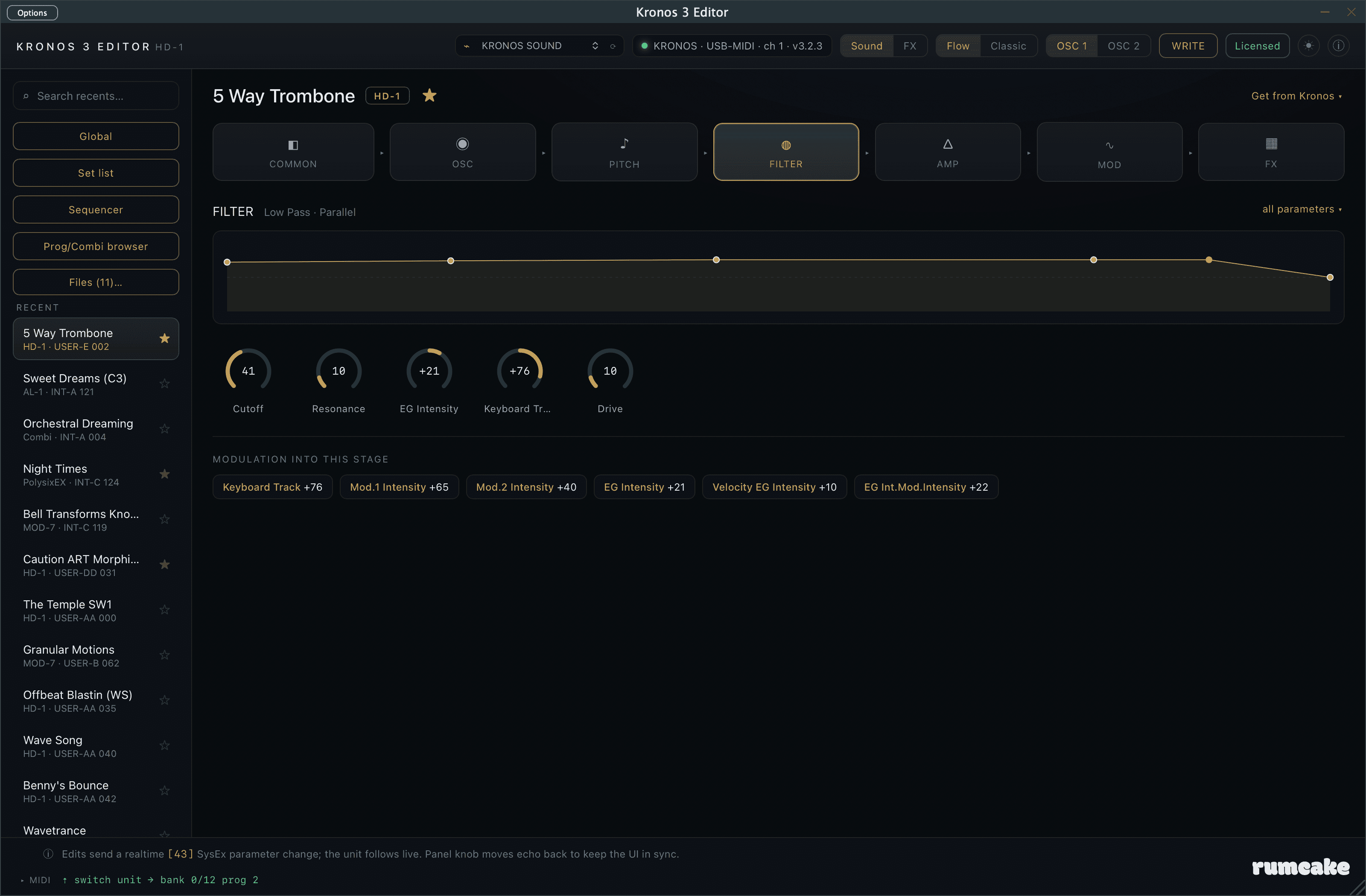 Kronos 3 Editor Flow view: the filter stage of a program with its response graph, hero knobs, and the modulation feeding into it