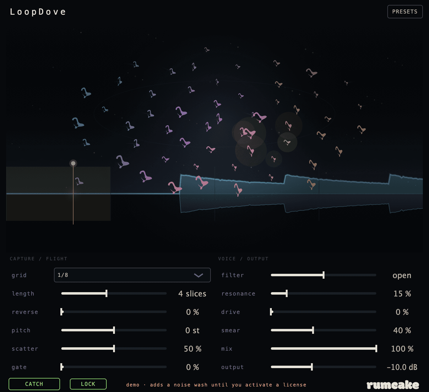 LoopDove mid-flight: a murmuration of doves wheeling over the caught waveform, with the catch grid and voice controls below