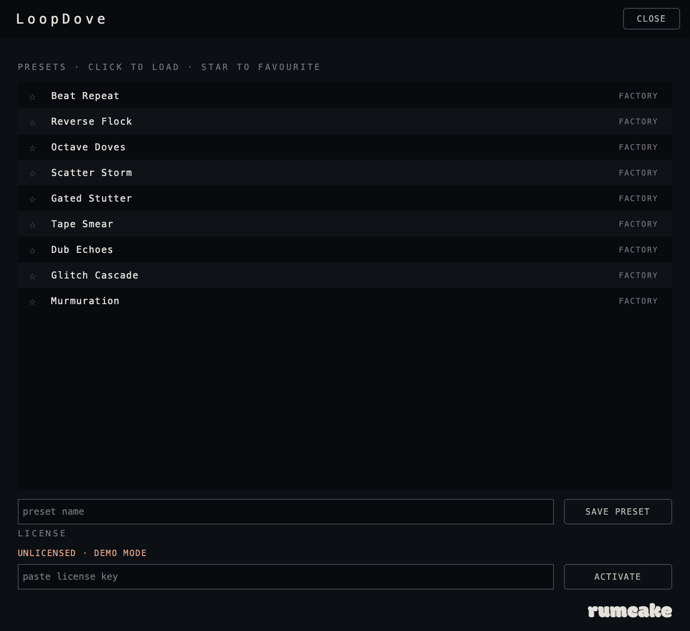 LoopDove's presets panel: the nine flight presets with favourite stars and the license activation field